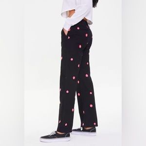 Forever 21 twill pants with happy face flowers NWOT Size L